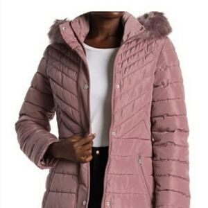 KENNETH COLE DUSTY ROSE QUILTED PUFFER JACKET FAUX FUR HOOD TRIM WEAR WITH…